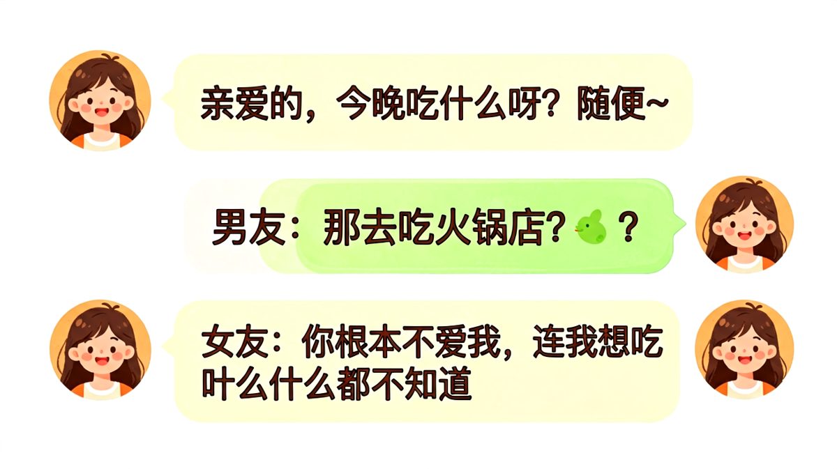 男友踩雷'随便'陷阱，提议火锅店瞬间被'你不爱我'击中