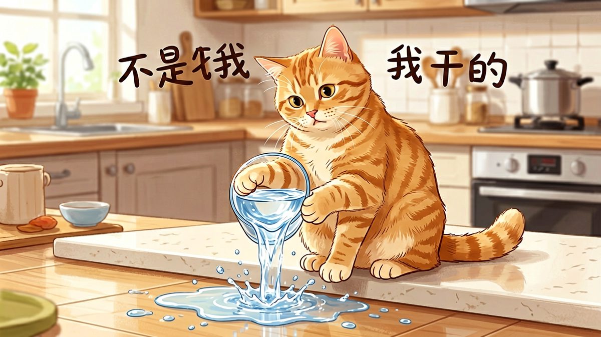 猫咪：杯子自己跳下去的，跟我有什么关系？