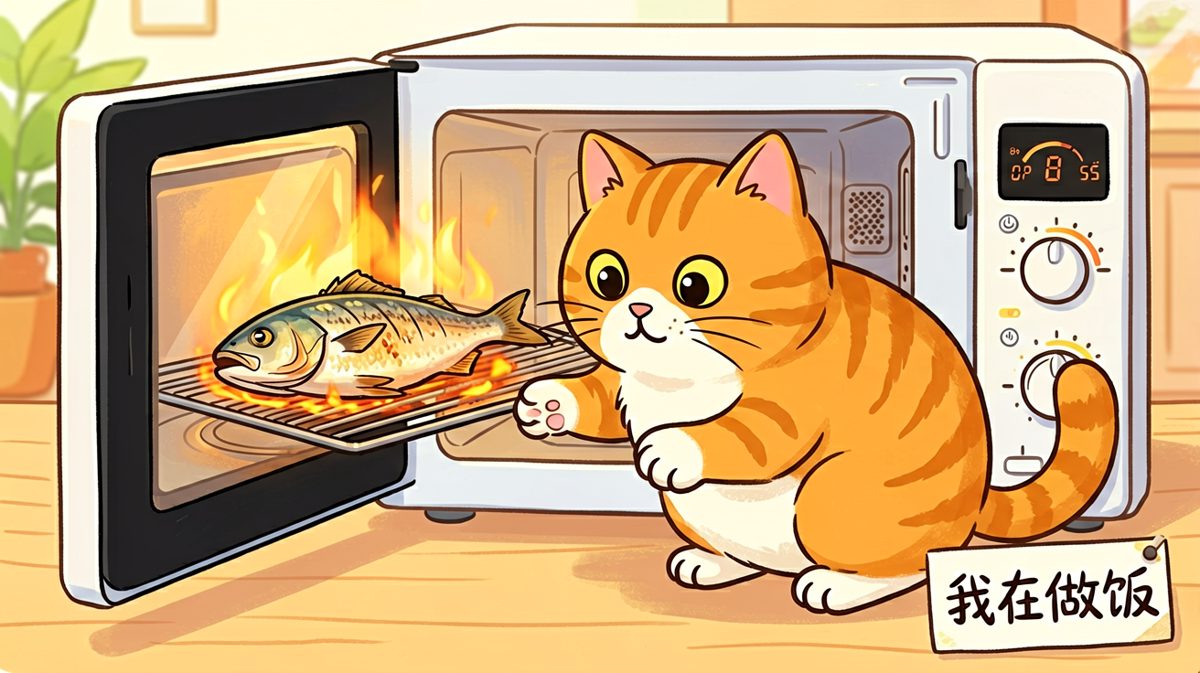 我家猫以为会按按钮就能自己做饭，鱼：谢谢你。