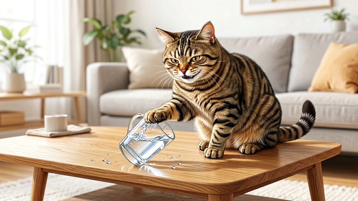 猫咪：我只是想测试一下桌子的耐水性而已。
