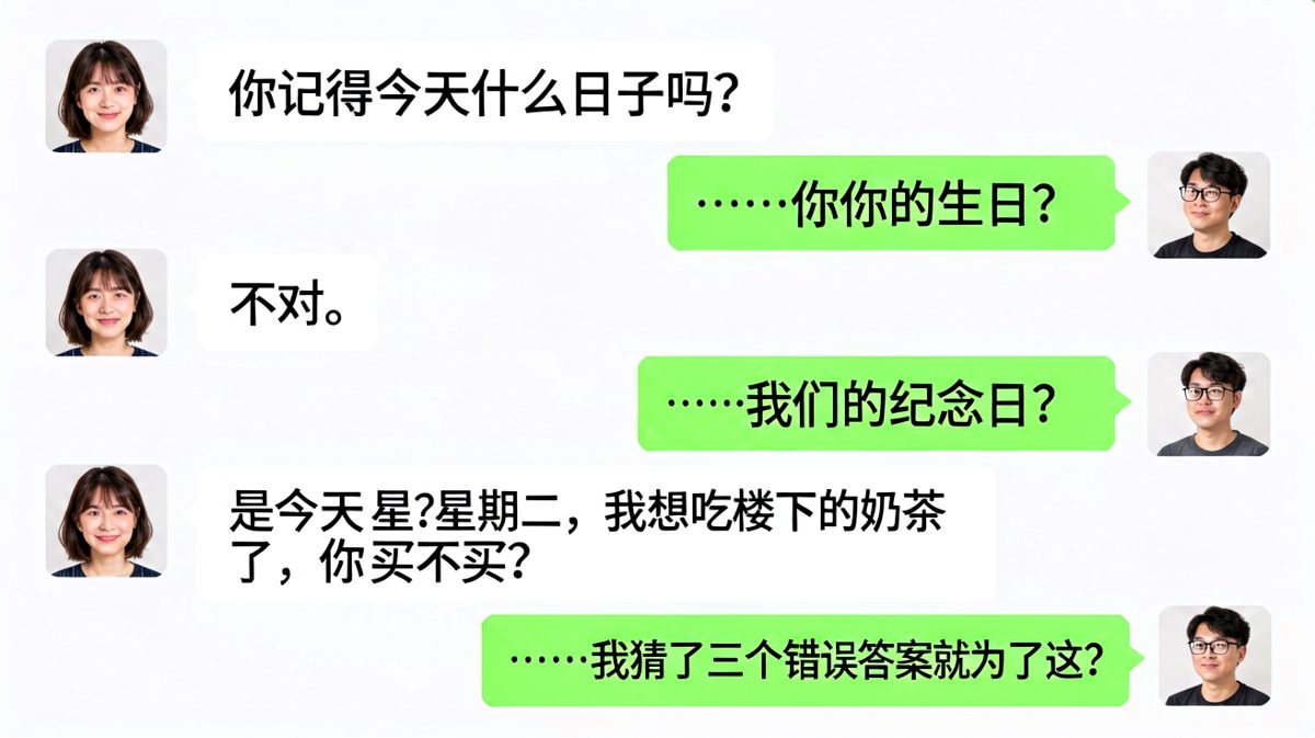 女生用一个陷阱题测试直男男友，答案居然是想喝奶茶，男生彻底崩溃
