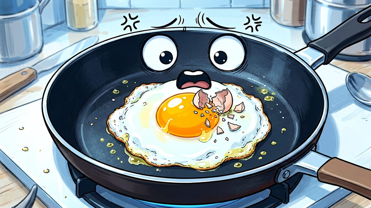 第二格：打鸡蛋时壳掉进去了，世界瞬间崩塌。