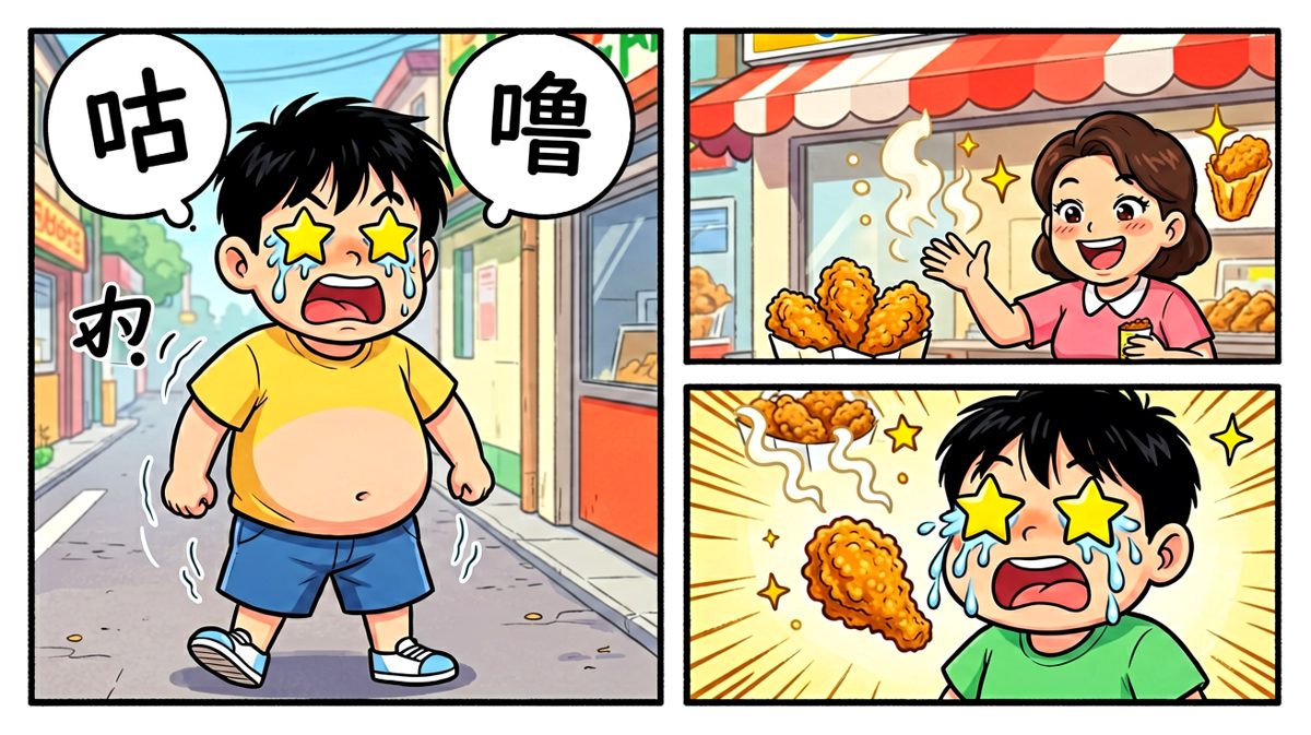 第一道诱惑：炸鸡店的香气成功吸引了减肥中的小明