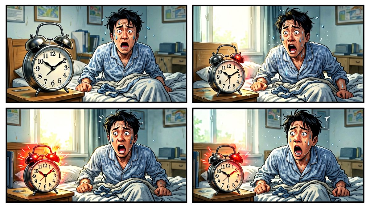 第二格：惊醒一看时间，六点半！已经迟到了！
