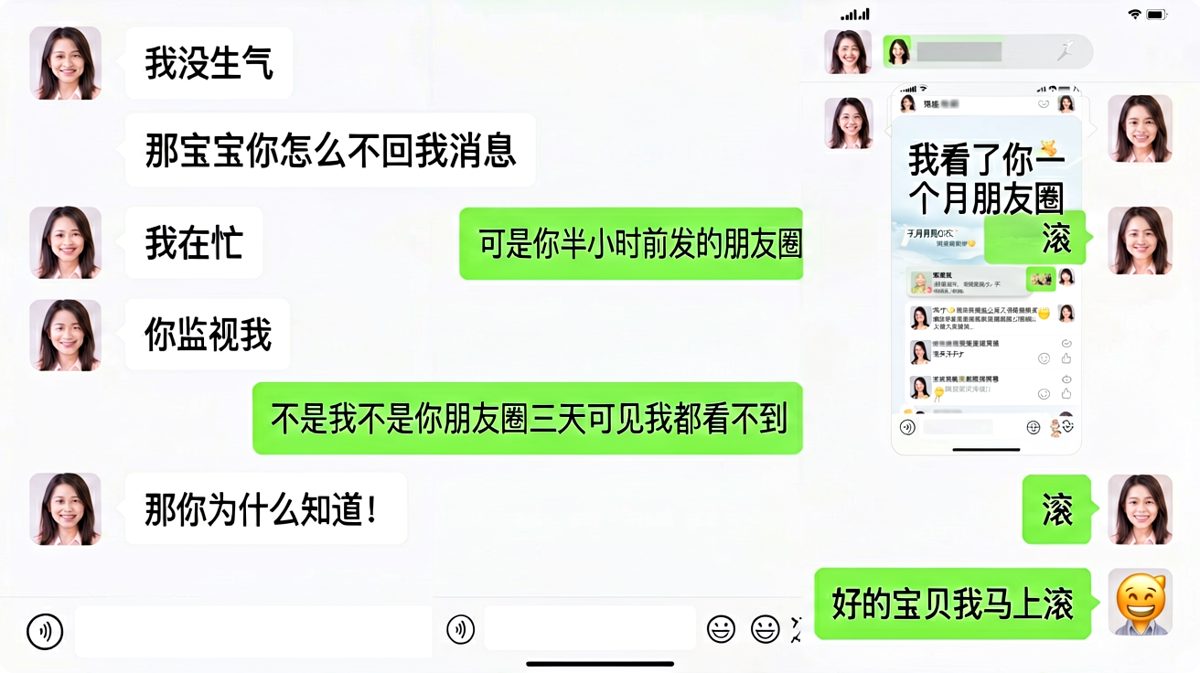 女友说没生气结果步步紧逼，男友用真诚（并没有）回答成功把天聊死。