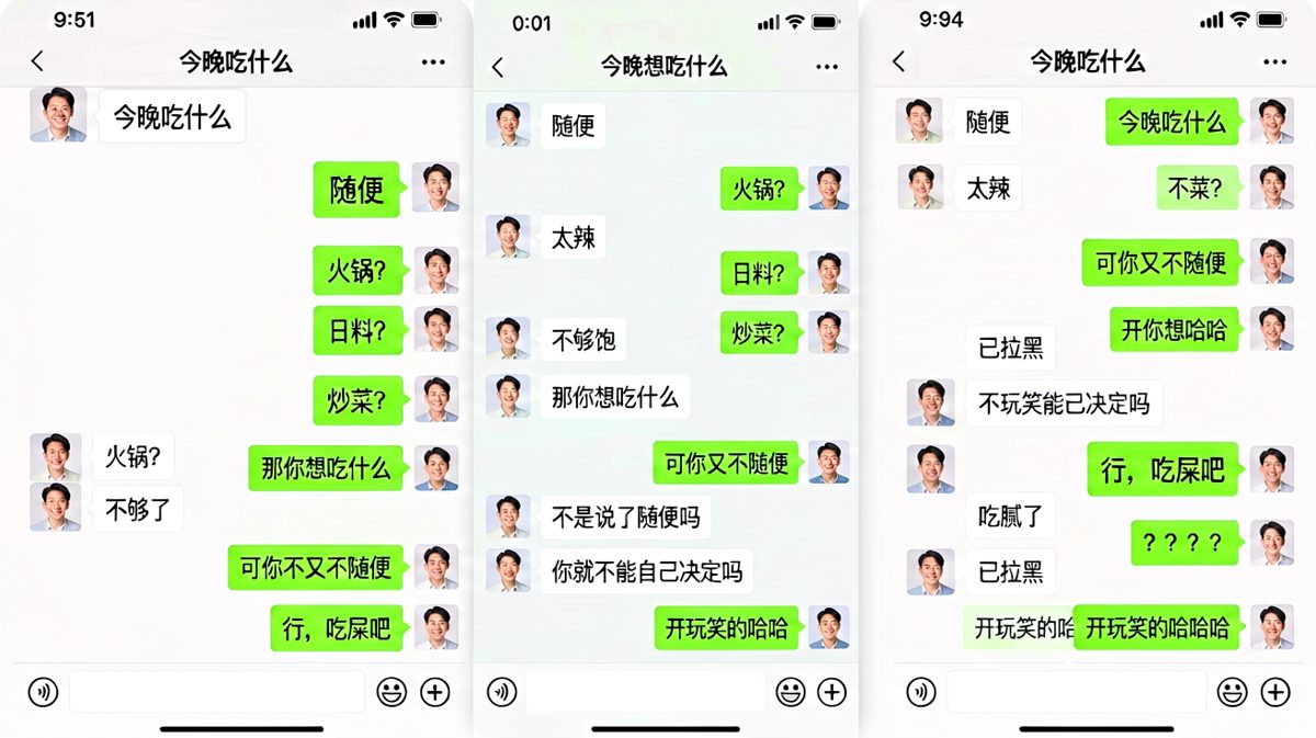 经典的'随便'陷阱，男友最终选择摆烂，结果被拉黑的社死对话。