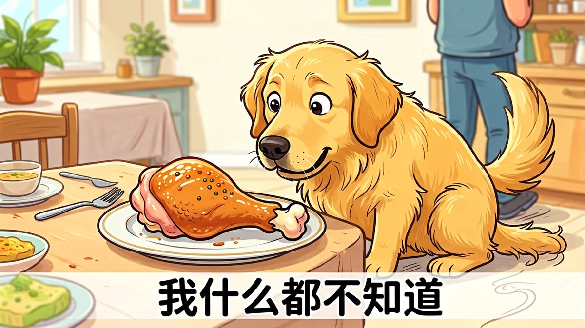 狗狗偷吃被当场抓获前的完美演技