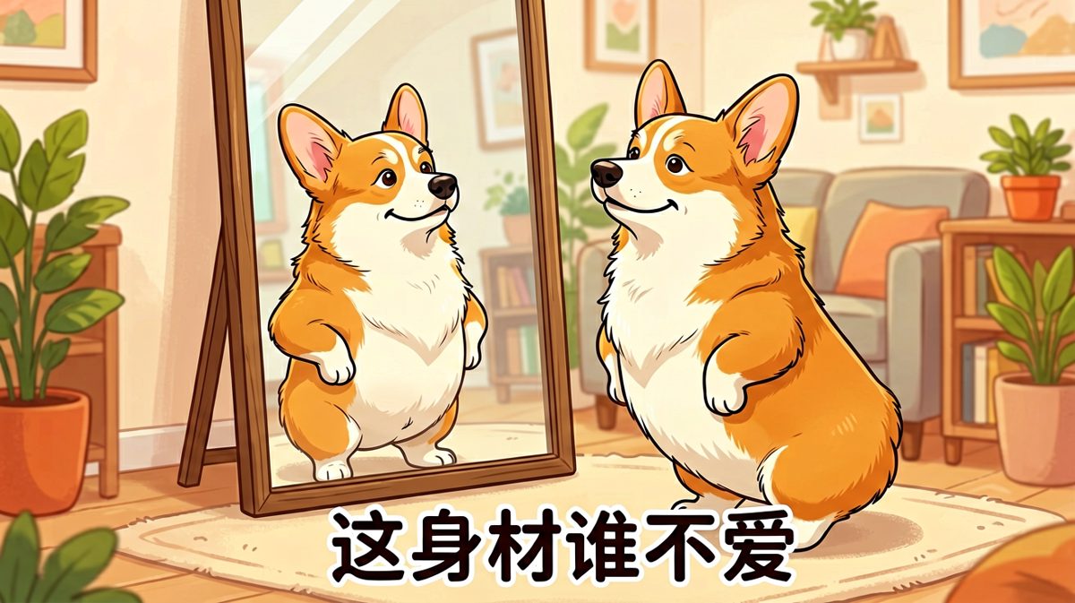 柯基对着镜子沉迷于自己的帅气