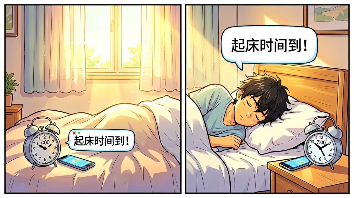 闹钟第一次响起，主角沉浸在梦乡中纹丝不动。