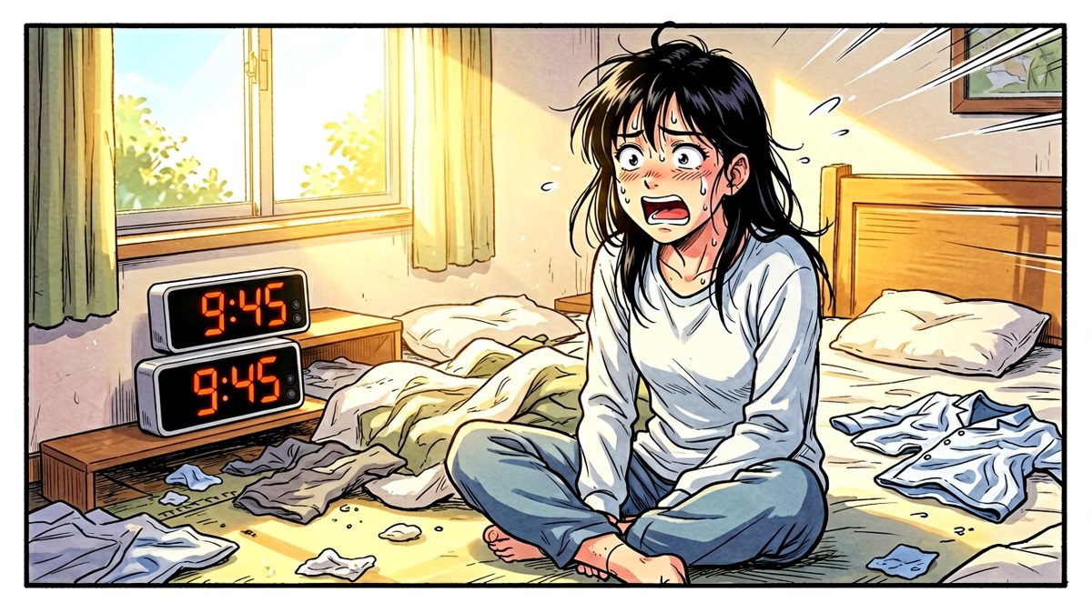 连按八次贪睡键后，主角发现已经睡过头了！