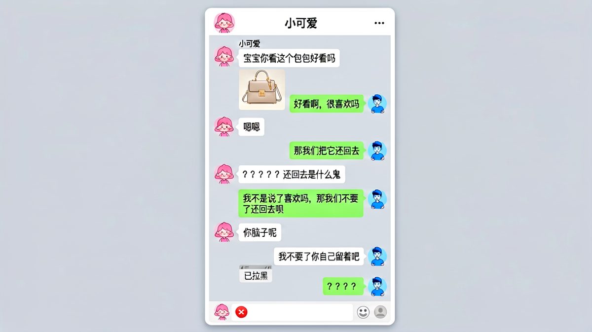 女生要包包，男生理解成'还回去'，直接把自己作死了。
