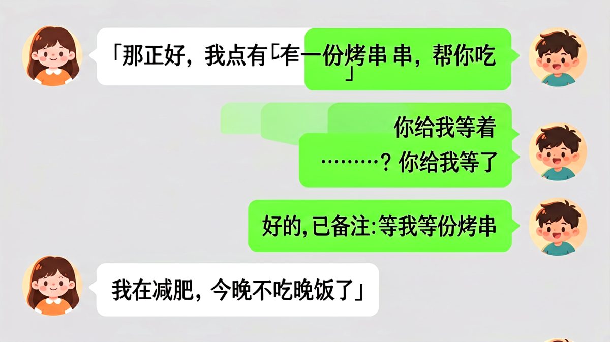 女生嘴上说减肥，男生反手就帮她吃了烤串，结尾还加辣，令人窒息的操作。