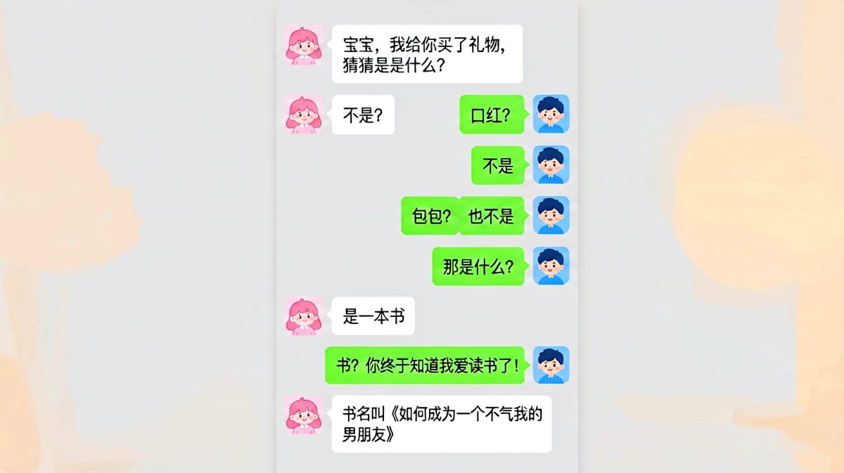 女生送了本书，书名却是一本《如何成为一个不气我的男朋友》，男生当场石化。