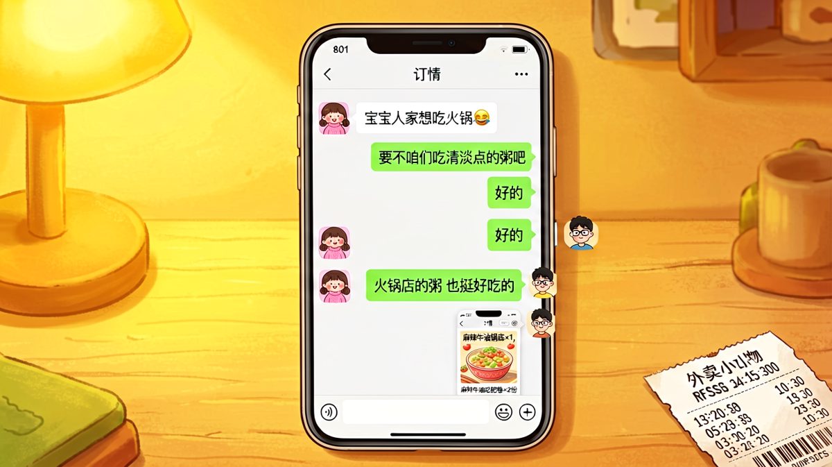 想吃火锅却先让女朋友喝粥，结果自己偷偷下单了。