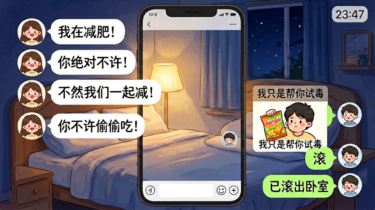 喊着减肥的女朋友前脚走，后脚就被发现偷吃。