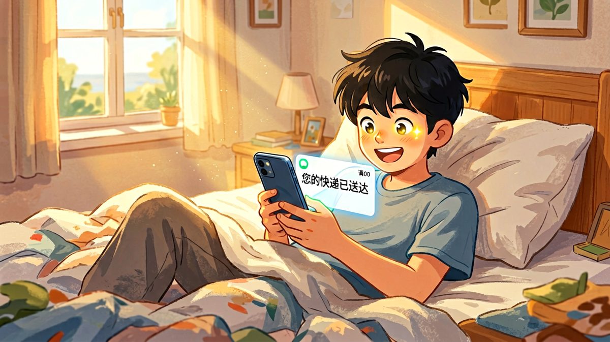 阿明收到快递通知，兴奋不已