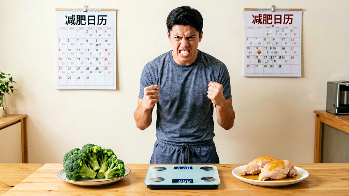 主人公对着体重秤下定决心：从今天开始减肥！