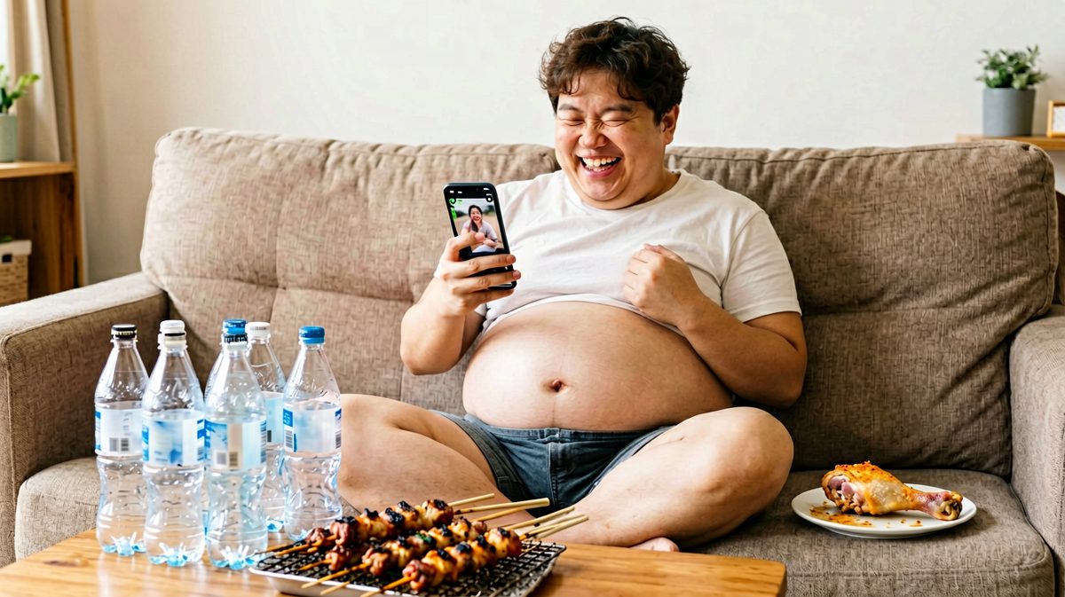 吃饱喝足后摸着肚子，一脸满足但已忘了誓言。