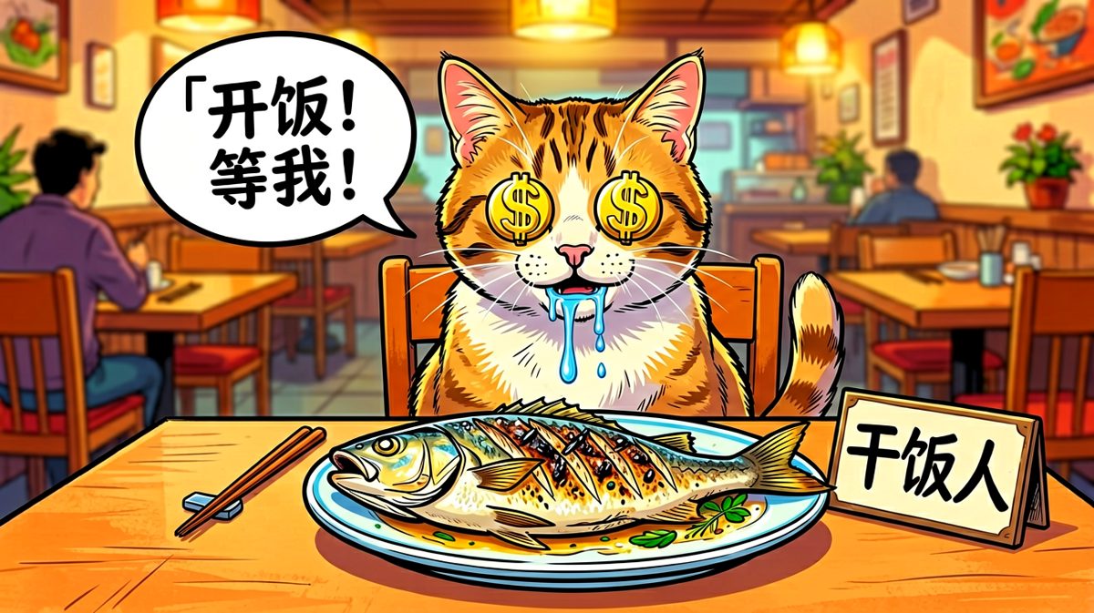 干饭猫遇到好吃的，眼睛都变成钱了。