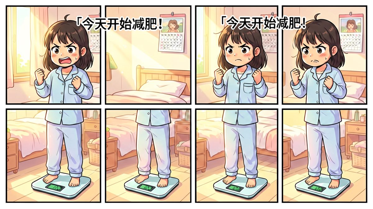 女孩早起立志减肥，斗志昂扬。
