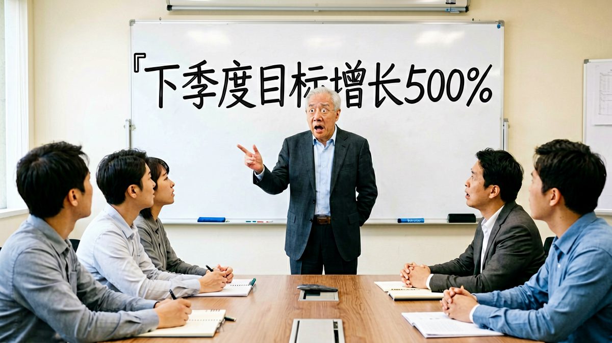 老板激情宣布目标，转头问：「你们谁觉得不行的，可以走了。」全场沉默后老板补一句：「开玩笑的，吃饭去。」