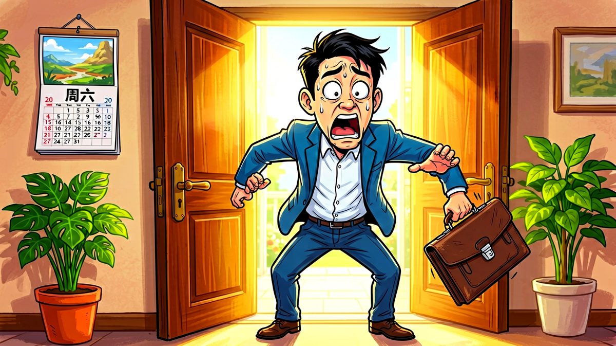 拉开门的瞬间，看到挂历上的'周六'，主人公彻底石化——今天是周末！
