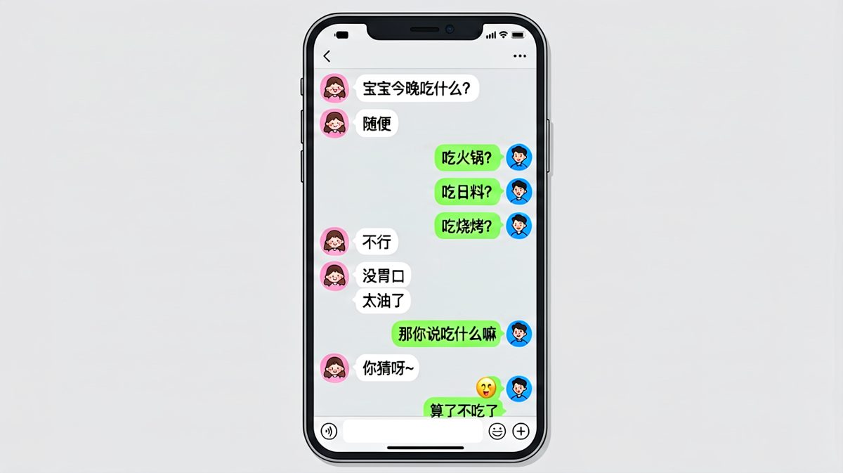 女生说'随便'后的连环暴击，猜到最后干脆不吃了。