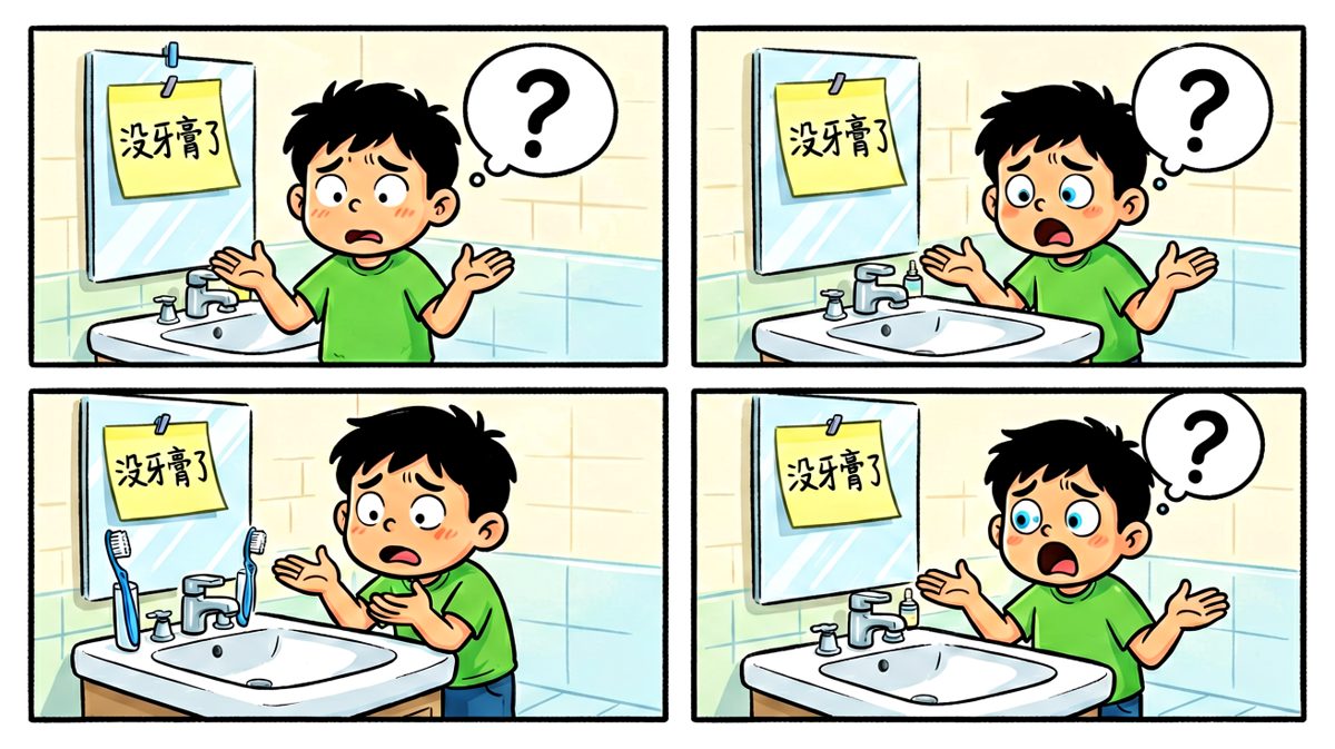 小明来到洗手台前，发现牙刷不见了，一脸懵圈。