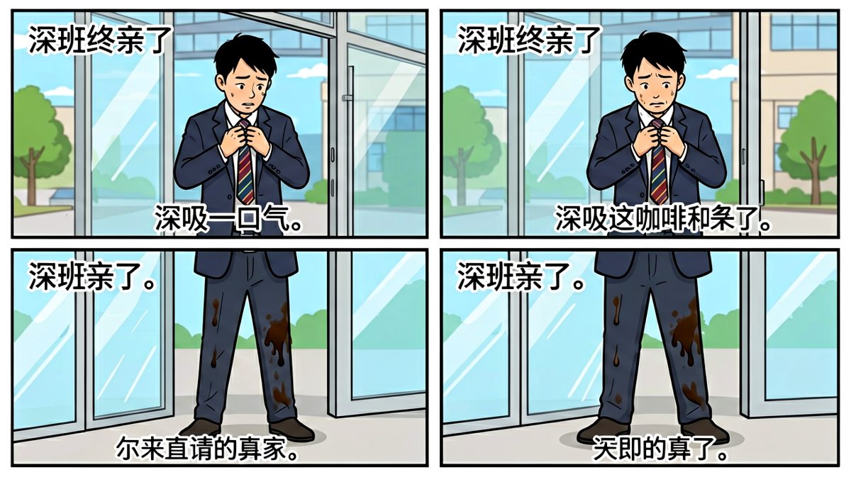 第四格：冲到公司楼下，又发现裤腿有漏网之鱼，彻底石化