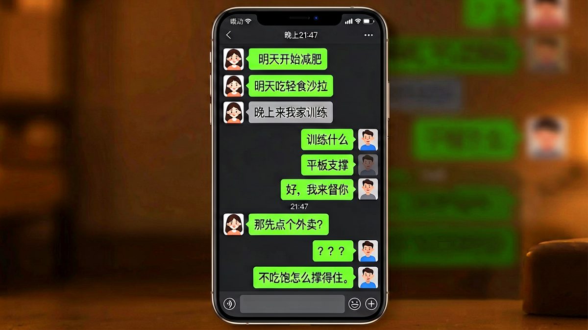 《减肥训练前的能量补给》——说要监督她平板支撑，结果先点了份炸鸡。