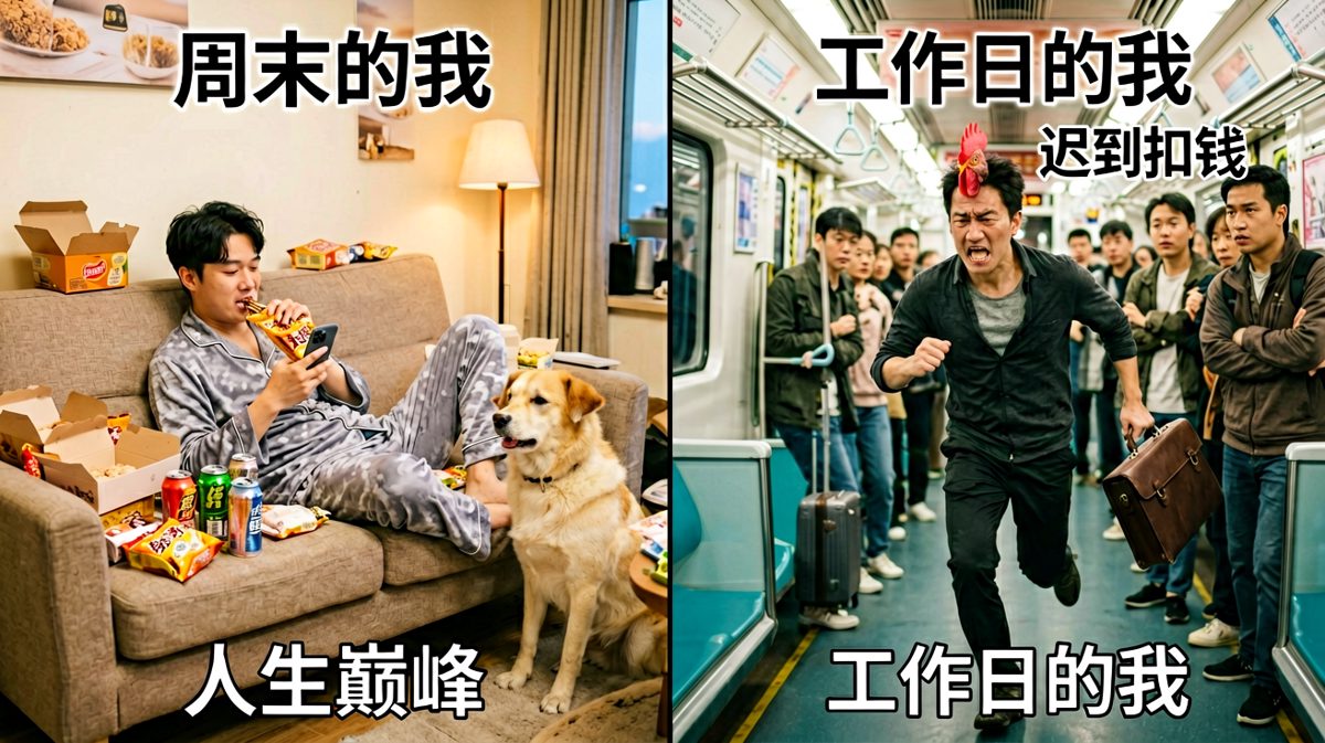 周末的我：人生赢家；工作日的我：人间难民