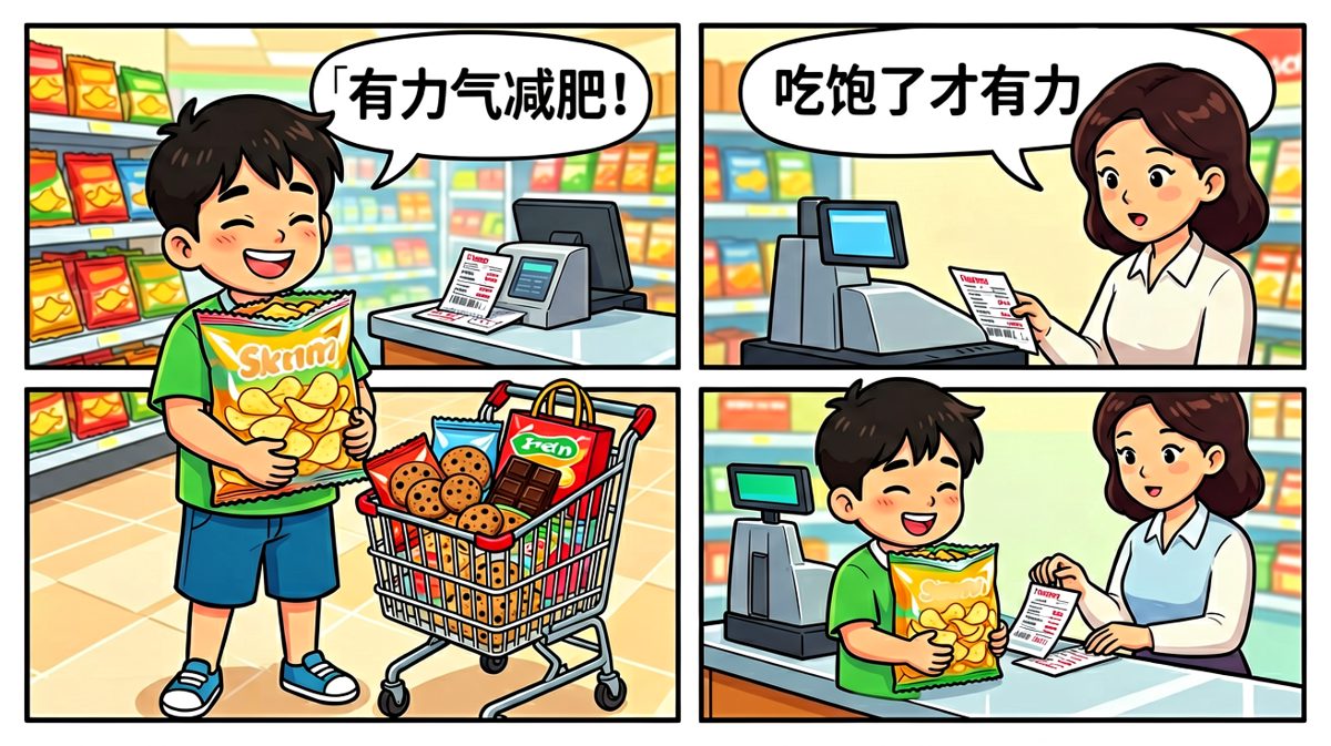 自我安慰式地抱着一堆零食回家