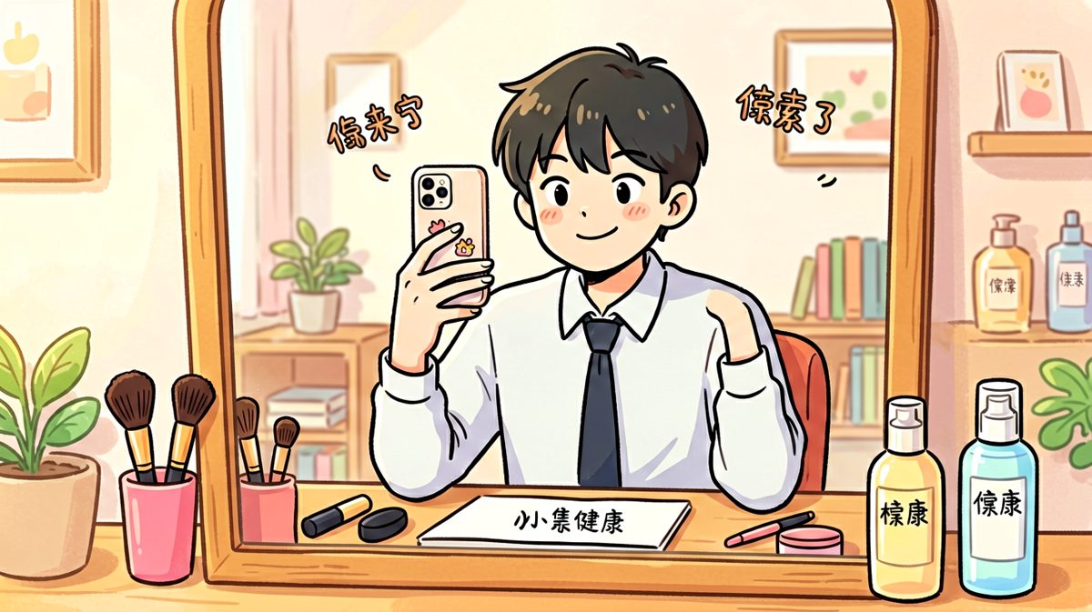 主角精心找好角度，准备拍一张完美自拍