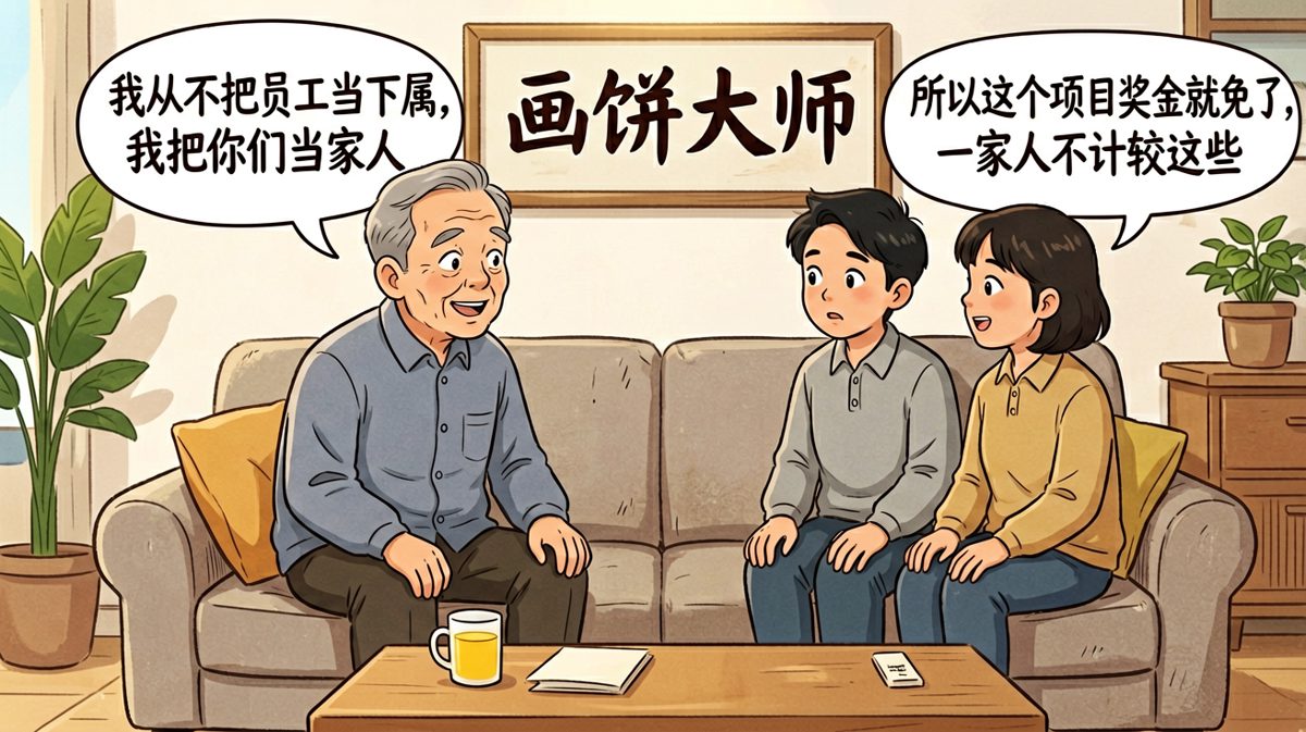 老板：我把你们当家人。员工：太好了！老板：一家人就不用发奖金了。