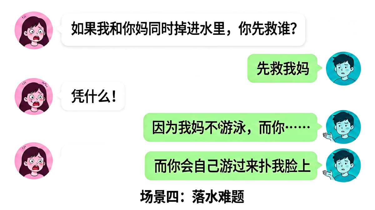 经典落水难题被男友用一句话反杀，女孩从愤怒到无语仅需三秒