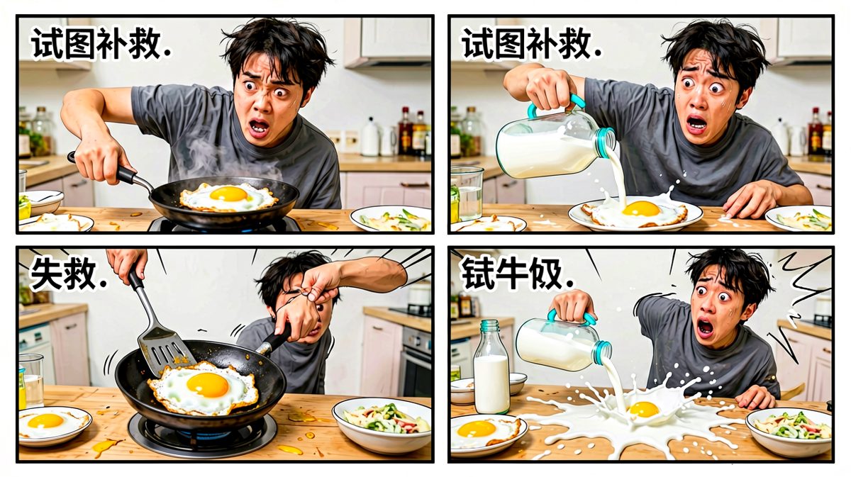 第3格：冷静，只要再加点牛奶就完美了——啪！
