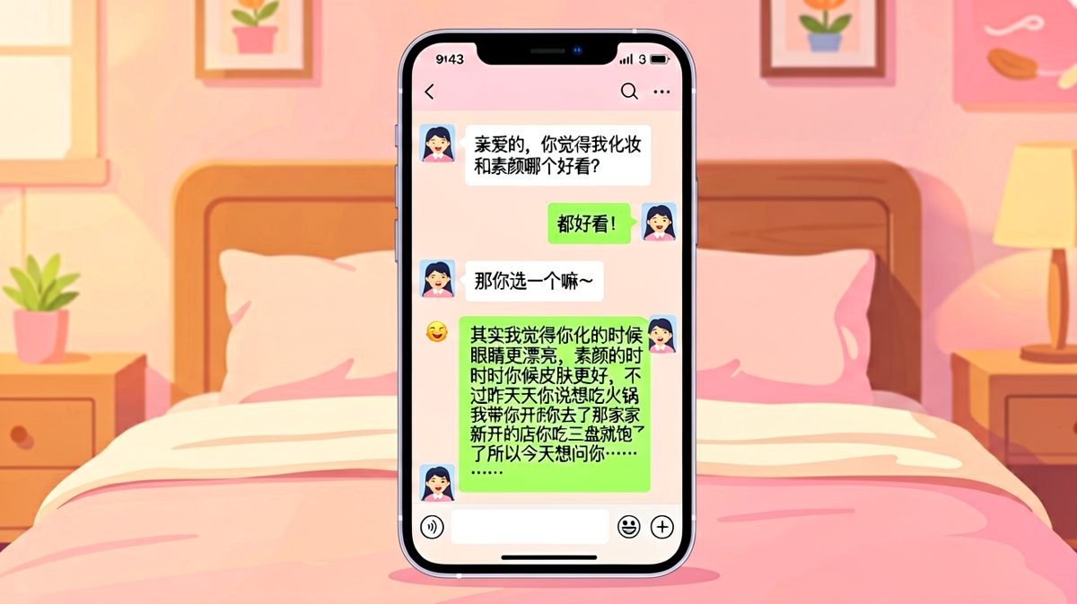场景一：终极送命题——男生试图在微信里用八百字论述来回答'化妆和素颜哪个好看'