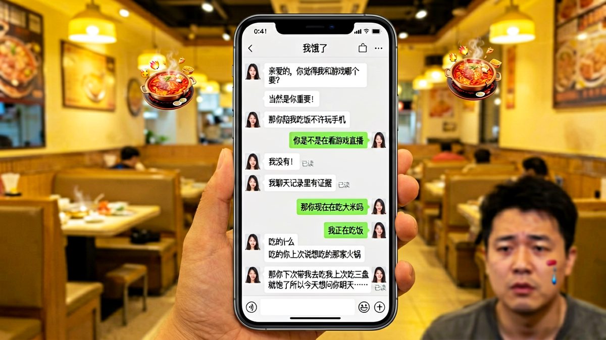 场景四：三角循环对话——男生被绕进了一个关于'吃大米'的无限套娃