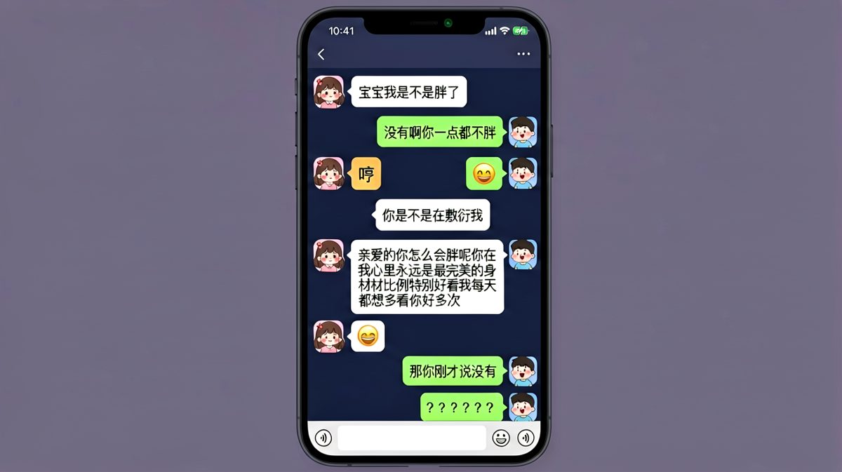 女生质问胖瘦，男生疯狂解释后反被抓住逻辑漏洞，留下满头问号。