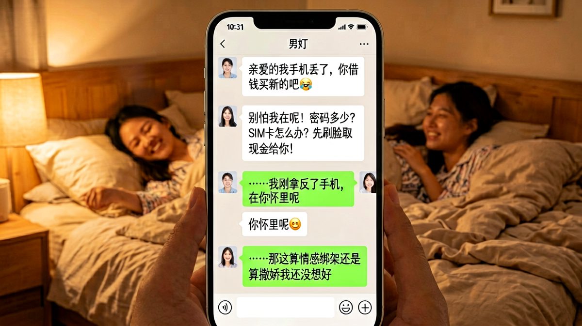 女生假装手机丢了套钱，结果发现手机就在他怀里