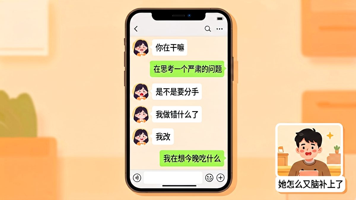 「严肃的问题」：男生在想晚饭，女生已经脑补完了半辈子。