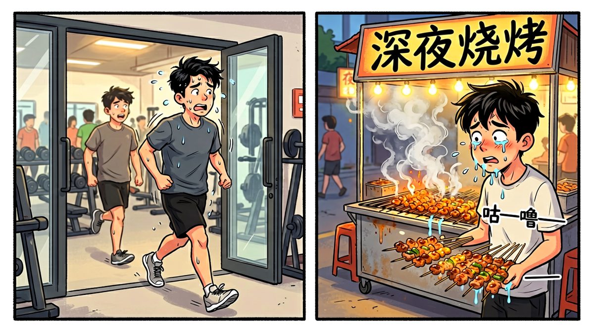 第三格：刚出健身房，就'偶遇'了一家烧烤摊……