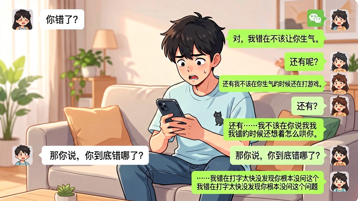 男生认错认出了循环，女生一句没问就让他慌了。