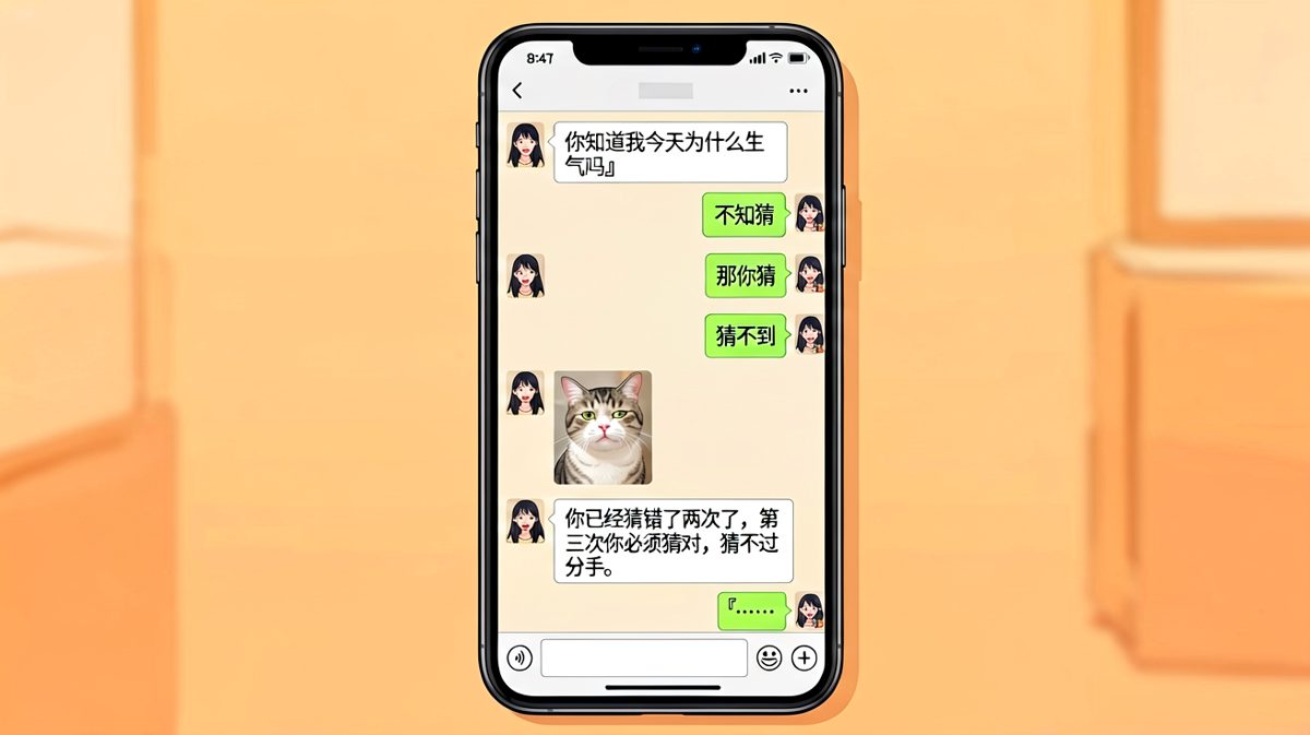 「你猜」是情侣间最危险的陷阱，男生正在疯狂挣扎。