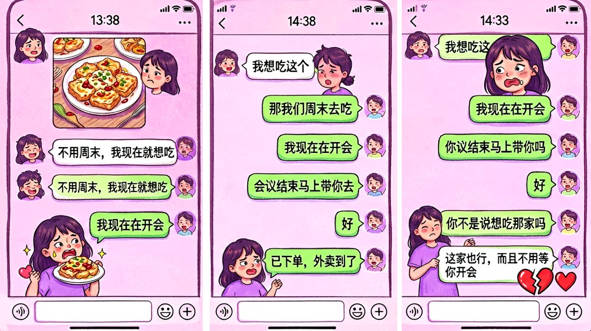 不等他了，自己点了外卖还发给他看。