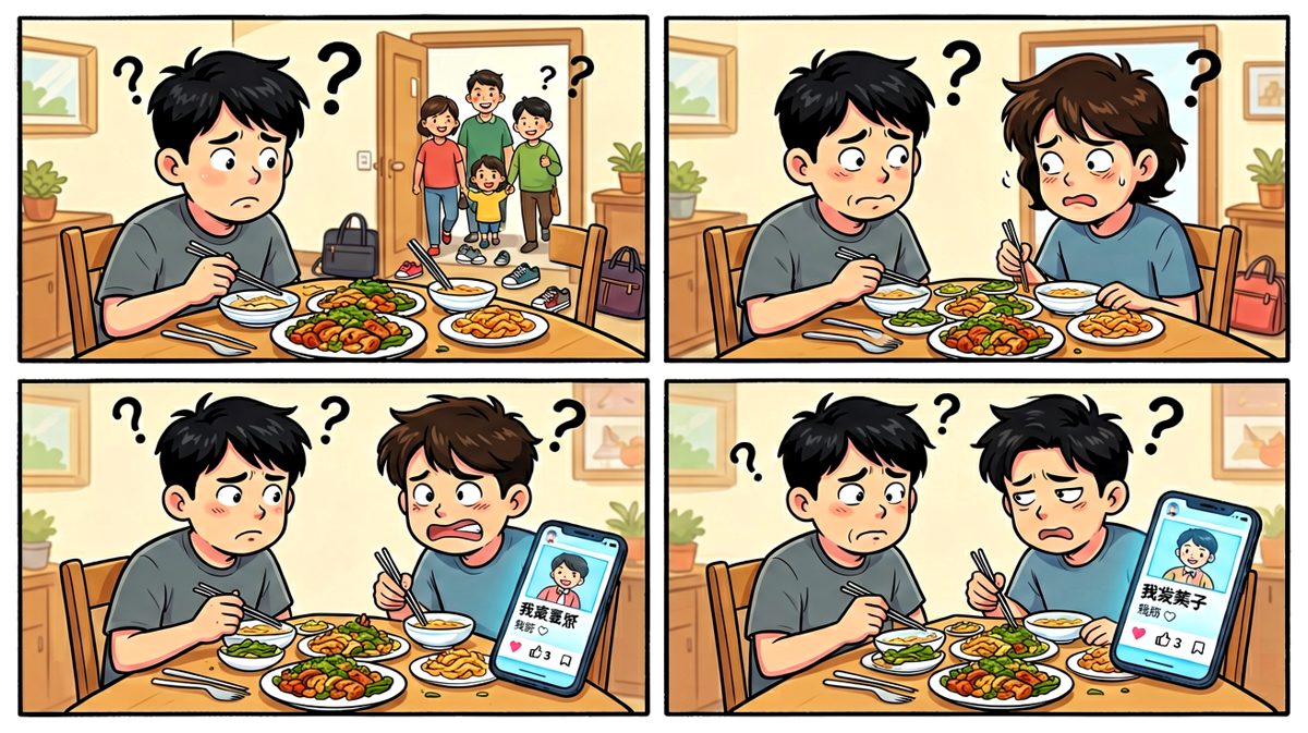 发现家人早已出门，独自面对满桌美食