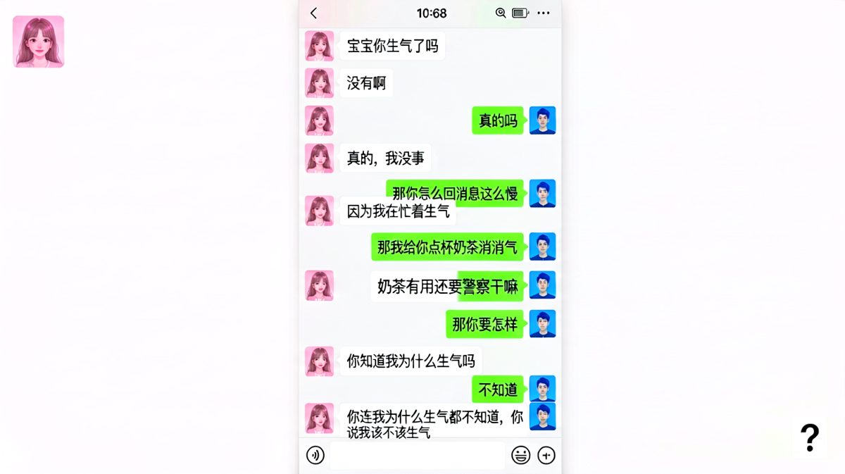 '我没事'翻译过来就是'你死定了'，男生还在装傻
