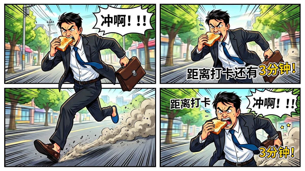 半穿好衣服就冲出家门，一路狂奔冲向公交站！