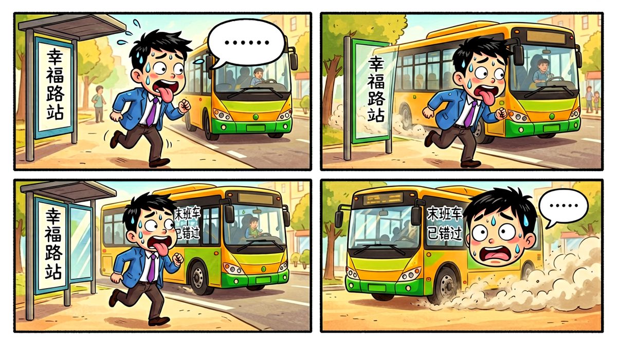 奋力赶到公交站，却发现公交车刚刚开走……