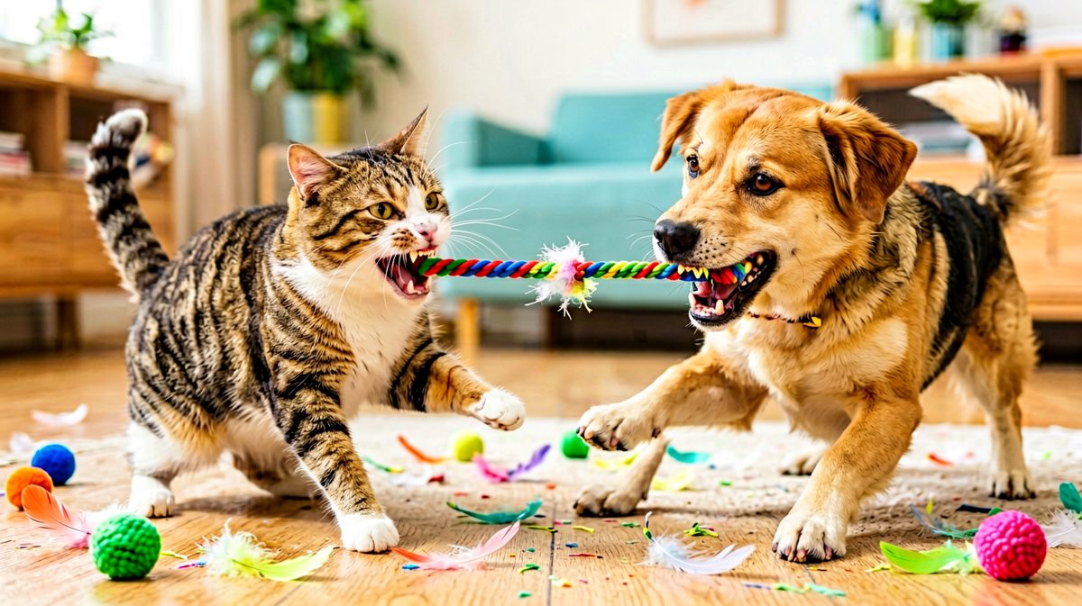 猫狗拔河赛：这个玩具是我的！！（一起烂在中间吧）